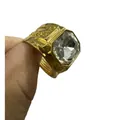 Close-up of men's gold alloy ring featuring a large faceted clear square stone - Gold White Zirconia