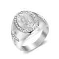 Detailed view of silver stainless steel ring featuring Virgin Mary and cross motifs - Size 6 / Silver