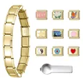 Gold stainless steel Italian modular charm bracelet set with DIY charms and tool - Italian Charm Bracelet Set / 9 Pattern Charms and Tool / Gold