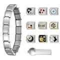 Stainless steel Italian modular charm bracelet set with various DIY link patterns - Italian Charm Bracelet Set / 9 Pattern Charms and Tool / Silver