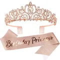 Ensemble diadème d'anniversaire or rose et écharpe de princesse pour fête filles - Ensemble 2 pièces en or rose