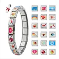 Personalisierbares italienisches modulares Edelstahl-Charm-Armband mit Emaille-Gliedern - Italienisches Charm-Armband Set / 18 Charms und Werkzeug / Silber
