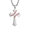 Stainless steel cross necklace with red baseball stitching design for sports fans - Silver