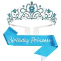Élégant ensemble tiare et écharpe Birthday Princess bleu clair avec strass brillants - Ensemble Deux Pièces Bleu Lac