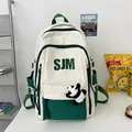 Mochila escolar vintage verde oscuro y blanco crema con adorno de peluche de panda - Verde / Sin colgante