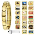 Goldenes modulares italienisches Bettelarmband-Set aus Edelstahl mit verschiedenen Charms - Italienisches Charm-Armband Set / Zwei Armbänder mit 21 Charms und Werkzeug / Gold