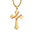 Gold stainless steel cross pendant necklace with engraved red baseball stitching - Gold