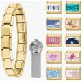 Gold stainless steel Italian modular bracelet set with sea theme DIY charms - Italian Charm Bracelet Set / 10 Ocean Theme Charms and Tool / Gold