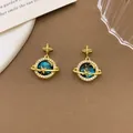 Elegant dreamy planet pendant featuring blue galaxy pattern and gold star accents in SKU view - XL12 Cross Star Planet Pendant Gold