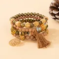 Bracelet bohème arbre de vie avec pompon et perles en bois multicouches - Café
