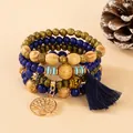 Bracelet perles bohème multicouche avec pendentif arbre de vie et pompon bleu - Bleu Saphir
