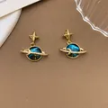 Exquisite dreamy galaxy blue planet pendant with golden star and sparkling crystal ring - XL1152 Moon Surrounding Planet Pendant Gold