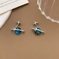 Dreamy blue nebula planet drop earrings with star studs and crystal moon - XL1152 Moon Surrounding Planet Pendant Silver