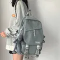 Large capacity grey-blue student backpack with trendy woven straps and plush charm - Blue + Gray Frog