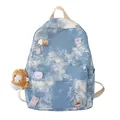 Casual blue tie-dye backpack for students featuring cute cartoon pins and plush charm - Blue (naked Bag No Embellishments)