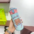 Gourde bleue mignonne avec paille et couvercle rose, motif d'ours de dessin animé - 401-500ml / Ours Étoilé / Bleu (Ours Étoilé)