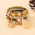 Bracelet bohème multicouche avec pendentif arbre de vie, pompon et perles de bois - Mélange Clair