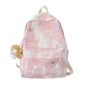 Cute pink tie-dye student backpack featuring cartoon patches and plush bear charm. - Pink (naked Bag Without Charms)