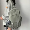 Large capacity sage green school backpack for college students featuring decorative straps - Green + Gray Frog
