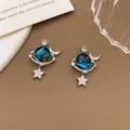 Elegant dreamy planet series pendant featuring blue galaxy center stone and crystal star moon - XL1587 Moon Star Pendant Silver