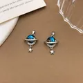 Pair of silver-toned dream planet pendants with blue star galaxy stone and star - XL1779 Star Little Planet Pendant Silver