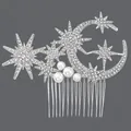 Elegante pettine capelli luna e stelle argento con strass e perle per acconciature da sposa. - Stile Luna e Stella (HS-J7432S)