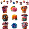 Décorations murales en bois tête de mort et fleurs pour le Jour des Morts mexicain - 8*0.2cm / Style G / Ensemble De 9