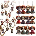 Day of the Dead 2D wooden hanging ornaments set with colorful skeleton girl prints - 8*0.2cm / Style D / 12pcs Set