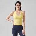 Halter neck yellow yoga tank top sports bra with navy blue leggings set - S / Tops / Light Yellow