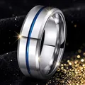 Bague pour homme en acier inoxydable poli avec rainure bleue et finition argentée - US 7 / Argent & Bleu