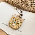 Retro ethnic style woven pouch necklace with decorative shell and pearl pendant detail - Hand-woven Mini Bag Style (46#)