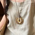 Vintage ethnic style necklace with woven straw circular pendant and shell drop detail - Waterdrop Shell Straw Woven Style (36#)