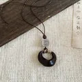 Retro ethnic style necklace with dark brown crescent pendant and textured beads. - Crescent Ceramic Bead Style (31#)