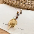 Vintage handmade straw hat pendant necklace with natural wooden beads and brown cord - Mini Straw Sun Hat Style (48#)