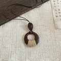 Handmade vintage ethnic style wooden ring necklace with twine wrap and drop pendant - Hemp Rope Circle Waterdrop Style (32#)