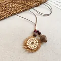 Handmade ethnic long necklace featuring a wooden beads sunflower and nut acorn pendant - Sunflower Acorn Style (51#)