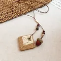 Handmade ethnic style necklace with a woven square pendant and decorative acorn beads - Woven Square Acorn Style (52#)