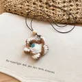 Handmade crochet flower pendant necklace with natural wooden bead accent for women - Hand-crocheted Flower Rhinestone Style (49#)