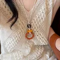 Vintage ethnic style necklace with orange bamboo-textured wooden circular pendant - Bamboo Texture Circle Style (45#)