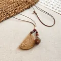 Vintage ethnic style necklace with woven leaf and wooden acorn pendant on brown cord - Woven Leaf Acorn Style (53#)