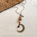 Vintage ethnic moon pendant necklace featuring wooden beads and bronze star charm - Hollow Moon Bell Style (54#)