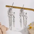 Elegant silver color hoop earrings with inlaid zircon, chain tassels and spike charms - Rock Fashion Tassel Hoop Earrings (09/WG0-1111)