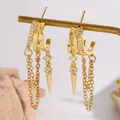 Gold layered hoop earrings with CZ pavé and hanging tassel chain with rivet charm - Punk Fashion Tassel Stud Earrings (12/6447)