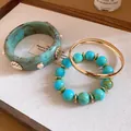 Retro blue marbled resin bangle and beaded bracelet set for women - Cyan Marble Pattern Bangle Set (3) / Three-Piece Set / Gold-Blue