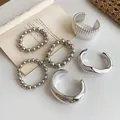 Silver geometric beaded bracelet and minimalist cuff bangle set for women - Polished Metal Bead Stackable Bracelet Set (39) / 6-Piece Set / Silver