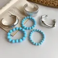 Vintage silver-tone geometric cuff bangles and light blue beaded bracelets set - Sky Blue Bead Silver Set (41) / 6-Piece Set / Silver-Sky Blue