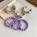 Set of vintage geometric silver cuff bangles and trendy purple beaded bracelets for women - Purple Bead Silver Bangle Set (43) / 6-Piece Set / Silver-Purple