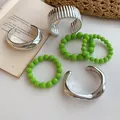 Mixed set of silver metallic open cuffs and vibrant green beaded elastic bracelets - Bright Green Bead Chain Set (46) / 6-Piece Set / Silver-Green