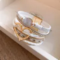 Stylish bohemian layered white leather bracelet with gold heart charm and druzy stone - White Leather Magnetic Clasp Bracelet (31) / White