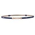 Elegant navy blue slim genuine cowhide belt with pearl gold buckle for ladies dresses - Double Pearl Buckle / 45-95cm / Sapphire Blue